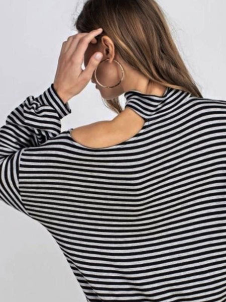 Black Striped French Terrry Mock Neck Open One Shoulder Top