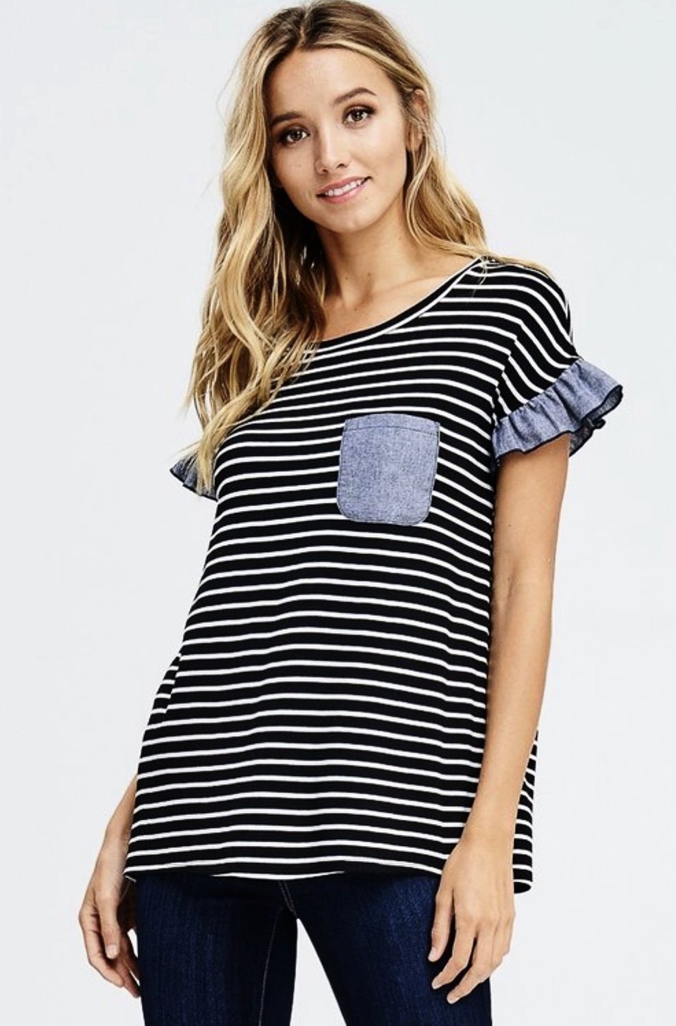 Black Front Pocket Short Sleeve Striped Knit Top