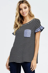 Black Front Pocket Short Sleeve Striped Knit Top