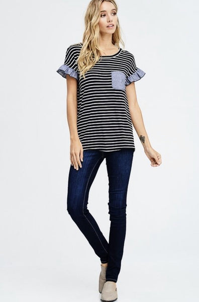 Black Front Pocket Short Sleeve Striped Knit Top