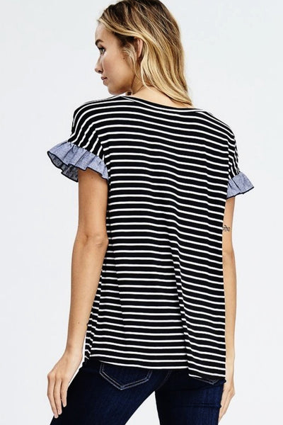 Black Front Pocket Short Sleeve Striped Knit Top