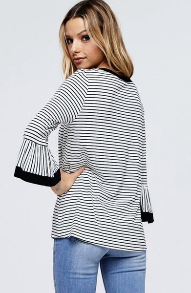 White Bell Sleeve Stripe Knit Top