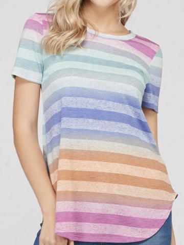 Plus Size Navy/Purple Multi Striped Round Neck, Short Sleeve Top