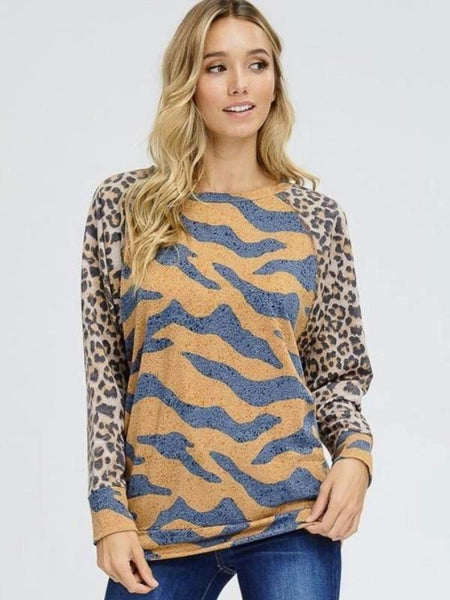 Brown Tiger Print Knit Top Featuring Round Neck And Cheetah Raglan Sleeve