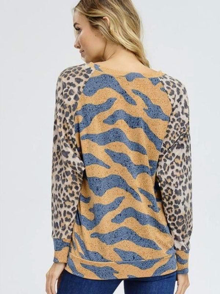 Brown Tiger Print Knit Top Featuring Round Neck And Cheetah Raglan Sleeve