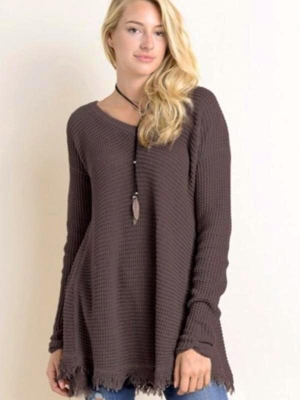 Charcoal/Brown Long Sleeve Waffle Frayed Hem Top
