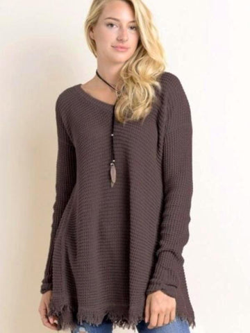 Charcoal/Brown Long Sleeve Waffle Frayed Hem Top