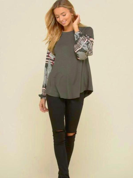 Olive Solid Knit Top With Floral Print Bubble Long Sleeve