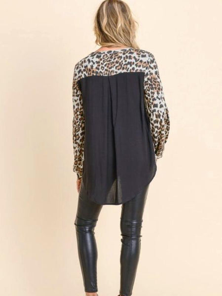 Leopard Bubble Sleeve Sweater With Woven Solid Black Back