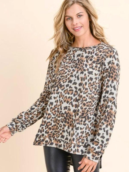 Leopard Bubble Sleeve Sweater With Woven Solid Black Back