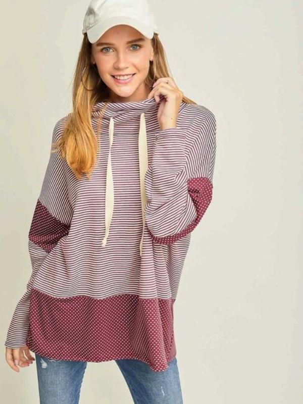Burgundy Striped & Polka-Dot Cowl Neck Top with Drawstring
