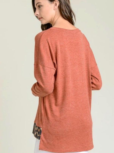 Rust Long Sleeve Brushed Hacci Leopard Top with Round Neckline