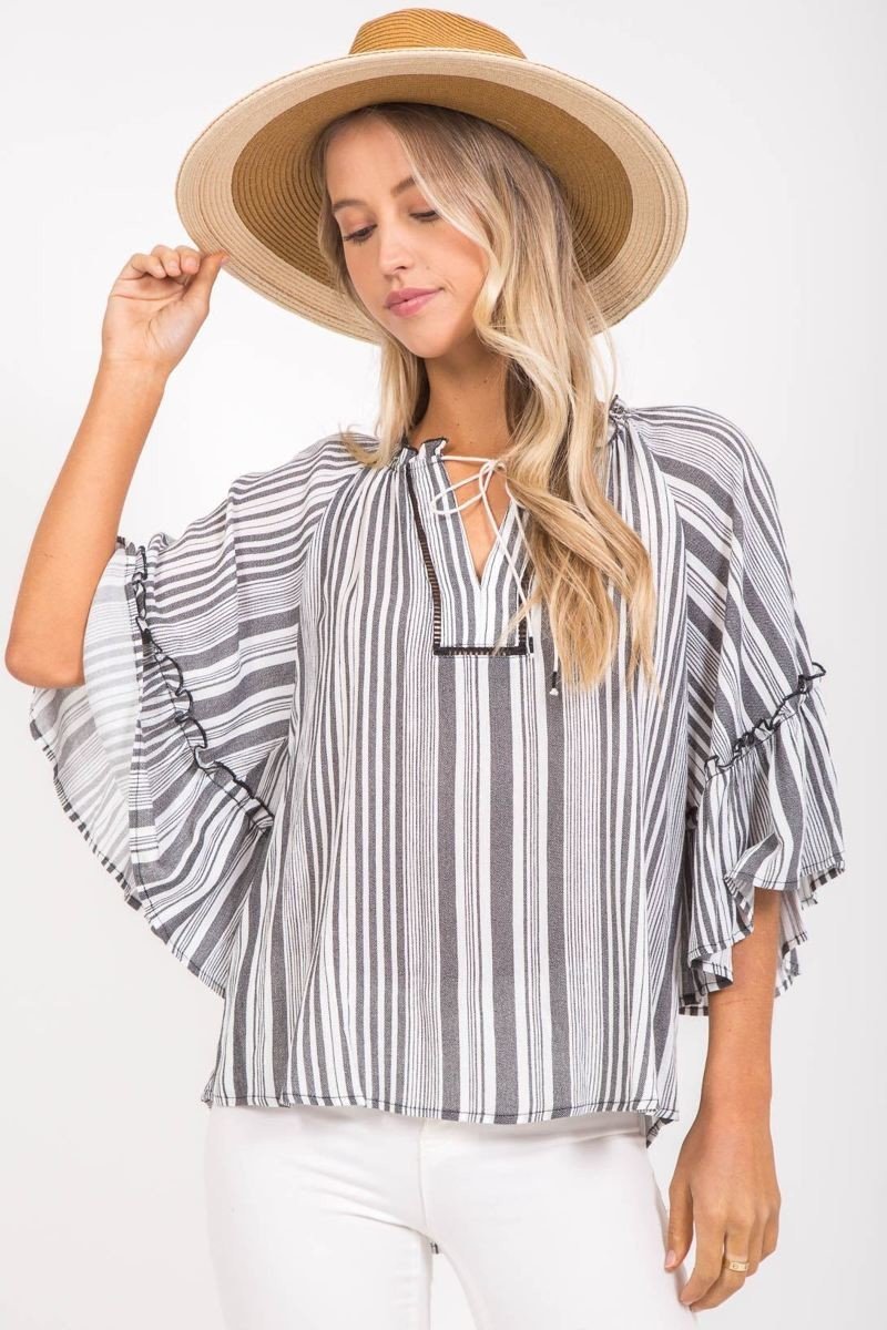 Black Striped Peasant Top