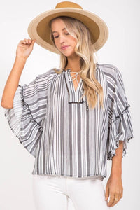 Black Striped Peasant Top