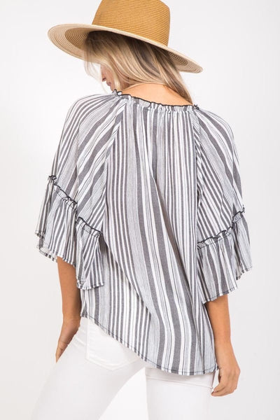 Black Striped Peasant Top