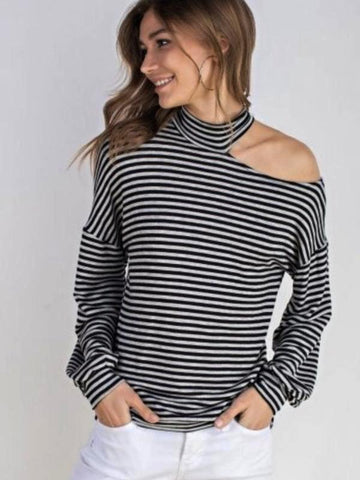 Black Striped French Terrry Mock Neck Open One Shoulder Top - The Pointe Boutique