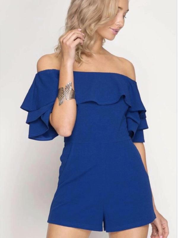 Blue Off Shoulder Ruffled Short Sleeve Romper - The Pointe Boutique