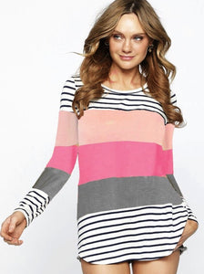 Blush/Pink/Grey Top With Black and White Stripes - The Pointe Boutique