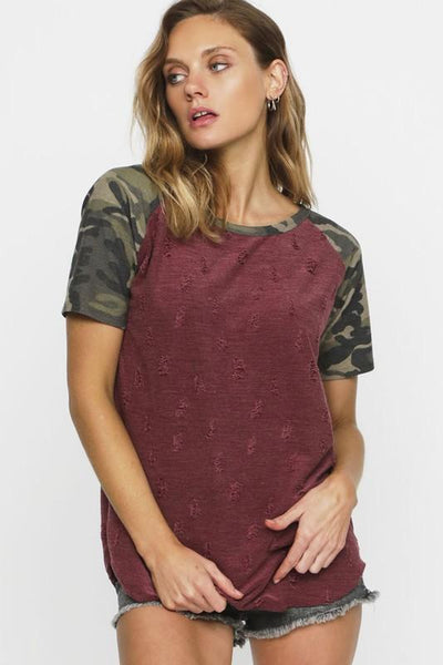 Burgundy Distressed Knit Top With Short Camo Sleeves - The Pointe Boutique