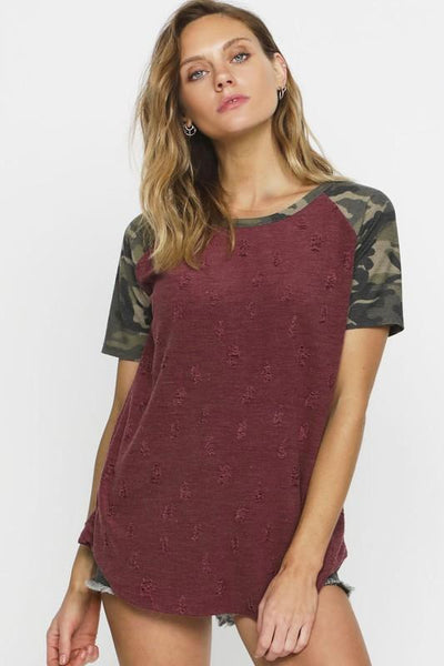 Burgundy Distressed Knit Top With Short Camo Sleeves - The Pointe Boutique
