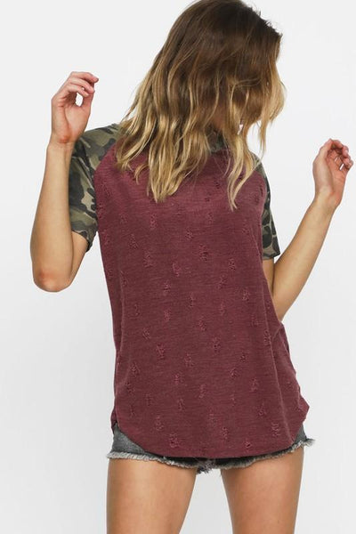 Burgundy Distressed Knit Top With Short Camo Sleeves - The Pointe Boutique