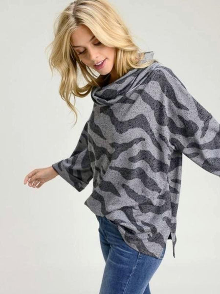 Charcoal Animal Print, French Terry, 3/4 Sleeve, Slouchy Turtle Neck Top - The Pointe Boutique