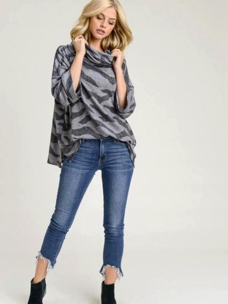 Charcoal Animal Print, French Terry, 3/4 Sleeve, Slouchy Turtle Neck Top - The Pointe Boutique