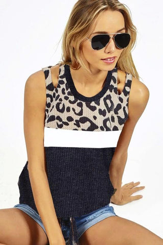 CHARCOAL LEOPARD PRINT TOP WITH SHOULDER CUT OUT - The Pointe Boutique