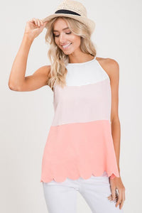 Coral Color Block Scallop Edge Top - The Pointe Boutique