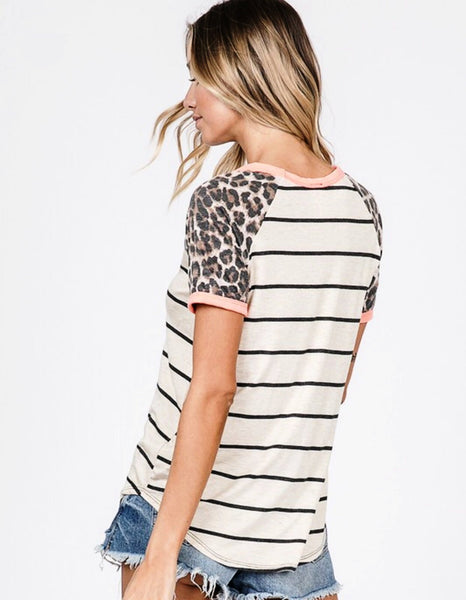 Coral/Leopard/Off White Stripe Raglan Sleeve Top - The Pointe Boutique