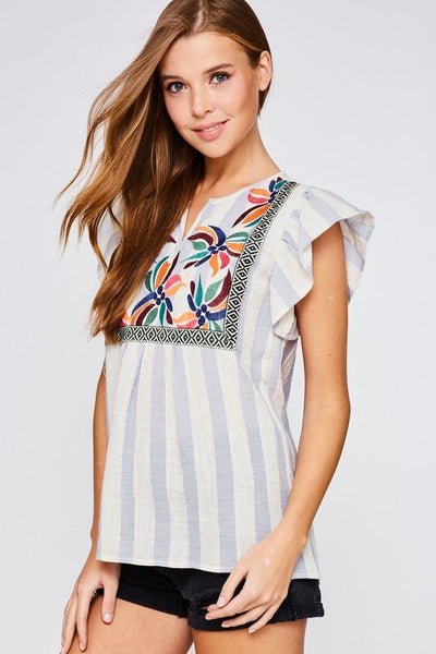 Flared Sleeve Embroidered Striped Top - The Pointe Boutique