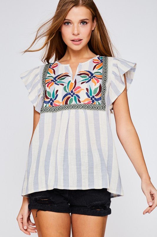 Flared Sleeve Embroidered Striped Top - The Pointe Boutique