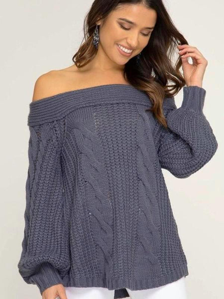 Grey Long Sleeve Off The Shoulder Sweater - The Pointe Boutique