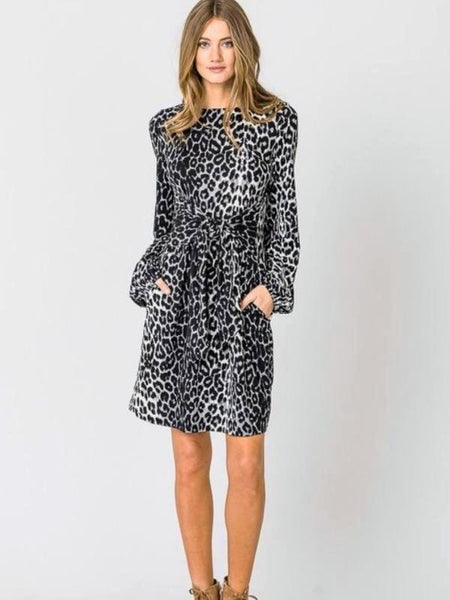 Grey/Black Long Sleeve Dress With Bow Tie Waist Detail - The Pointe Boutique