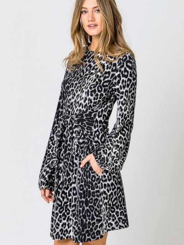 Grey/Black Long Sleeve Dress With Bow Tie Waist Detail - The Pointe Boutique