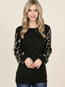 Grey/Wine Leopard Print Bubble Sleeve Tunic Top - The Pointe Boutique