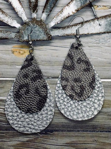 Gunmetal/Silver Leopard Faux Leather Stacked Teardrop Earrings - The Pointe Boutique