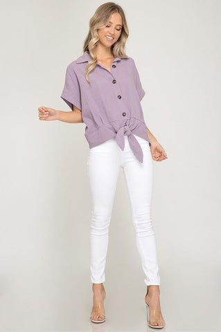 Lilac Half Sleeve Button DownTop With Front Tie - The Pointe Boutique