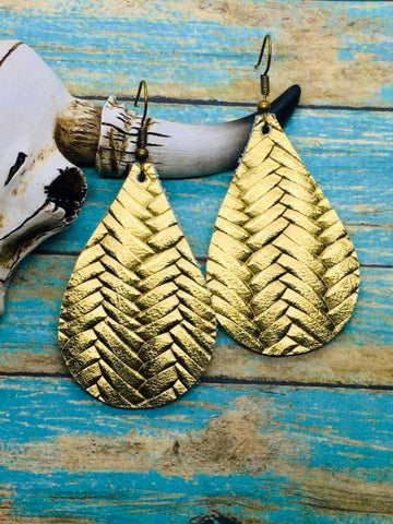 Metallic Gold Fishtail Braided Italian Leather Teardrop Earrings - The Pointe Boutique