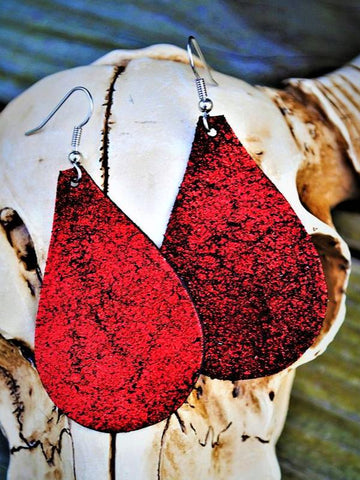 " Rockstar " Red Glitter Crackle Cowhide Leather Teardrop Earrings Approx. 3" - The Pointe Boutique