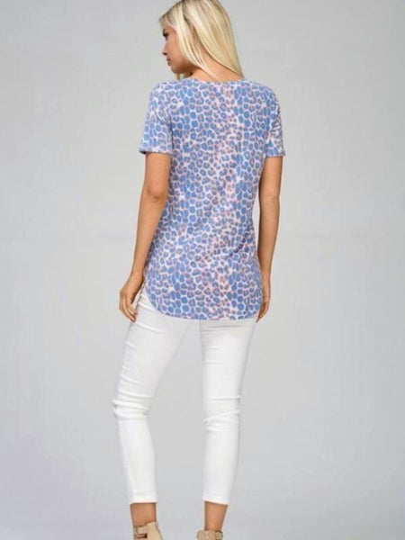 Rust/Denim Short Sleeve V - Neck Cheetah Print Top - The Pointe Boutique