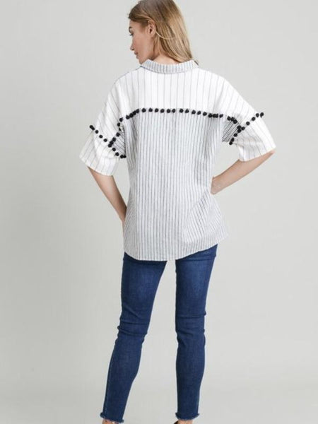 White/Black Linen Striped Pom Pom Detail Top - The Pointe Boutique