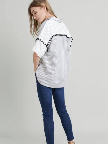 White/Black Linen Striped Pom Pom Detail Top - The Pointe Boutique