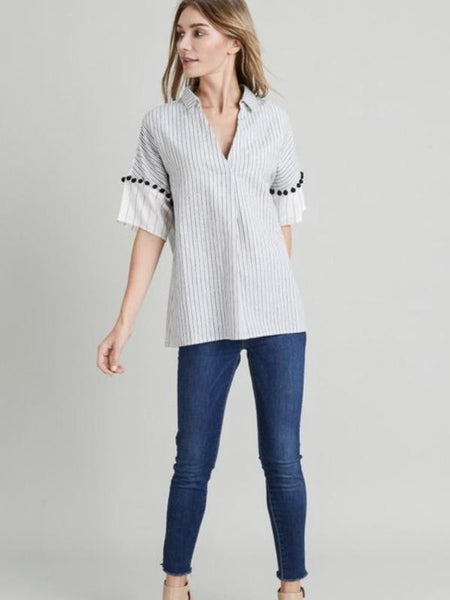 White/Black Linen Striped Pom Pom Detail Top - The Pointe Boutique