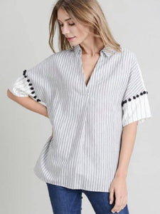White/Black Linen Striped Pom Pom Detail Top - The Pointe Boutique