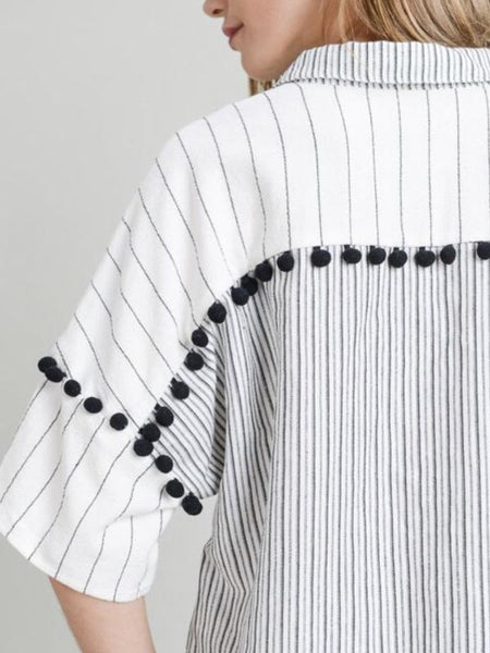 White/Black Linen Striped Pom Pom Detail Top - The Pointe Boutique